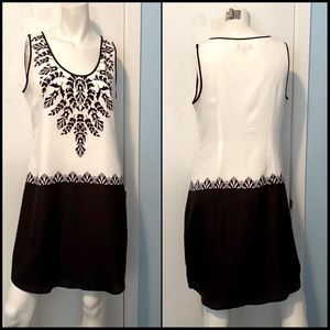 Black & White dropped Waist colour Block Dress featuring Florals